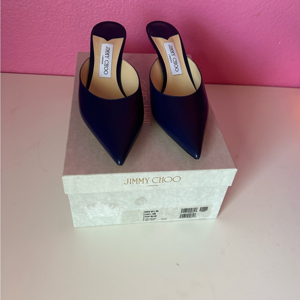 Jimmy Choo Navy Pointed Toe Leather Mules